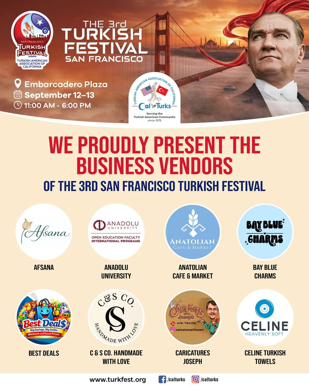 TurkFest SF 2026 business vendors including Afsana, Anadolu University, Anatolian Cafe and Market, Bay Blue Charms, Best Deals, C and S Co., Caricatures Joseph and Celine Turkish Towels