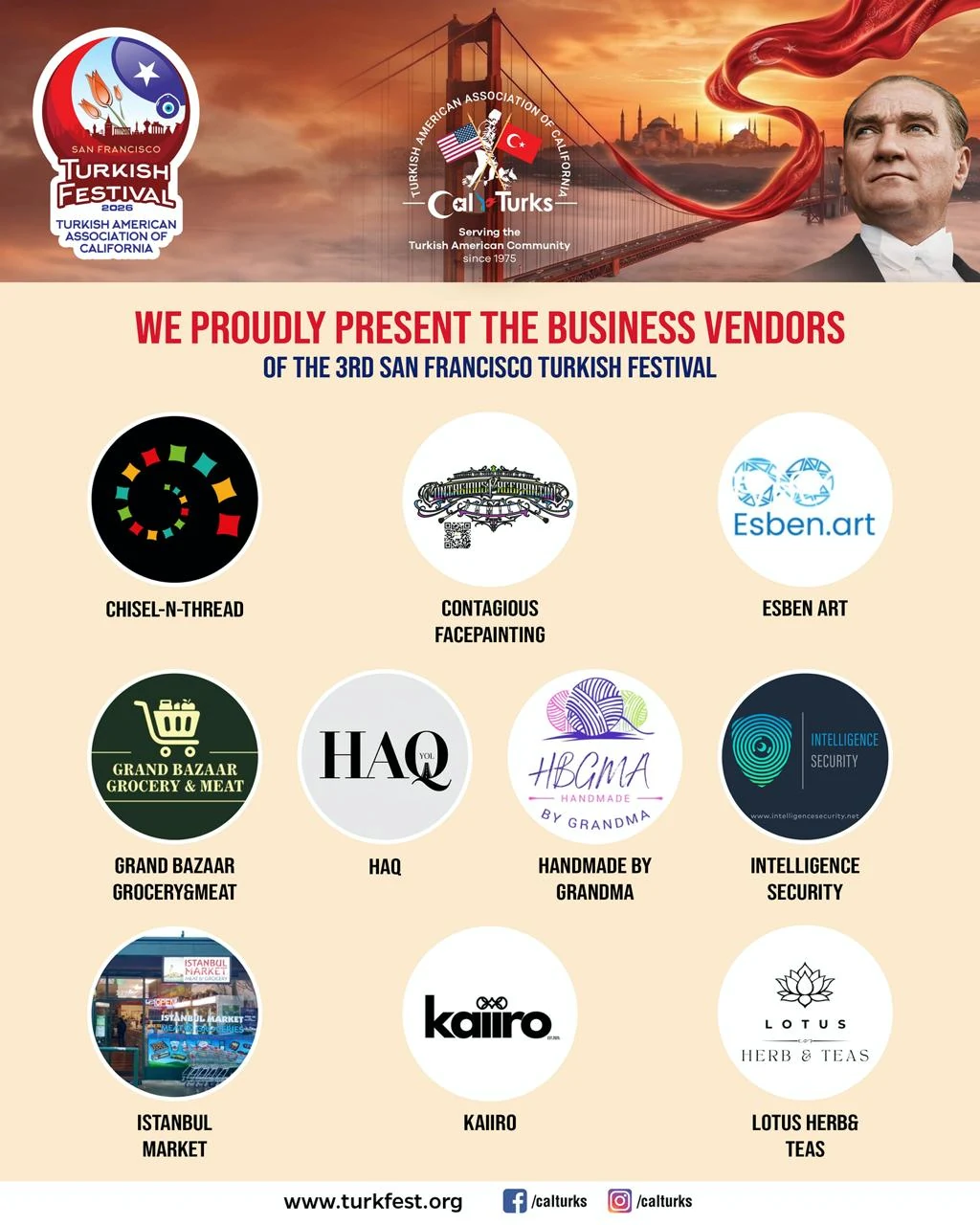 TurkFest SF 2026 business vendors including Chisel N Thread, Contagious Facepainting, Esben Art, Grand Bazaar, HAQ, Handmade by Grandma, Intelligence Security, Istanbul Market, Kaiiro and Lotus Herbs and Teas